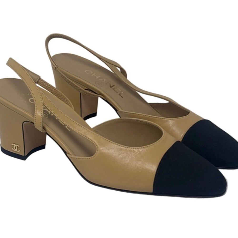 Chanel Beige Leather Grograin Toe Spectator Slingbacks Sz-38